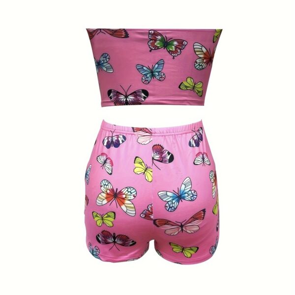Ladies' Butterfly Print Chest Wrapped Casual Beach Vacation Style Sexy Top And Shorts Set - Image 2